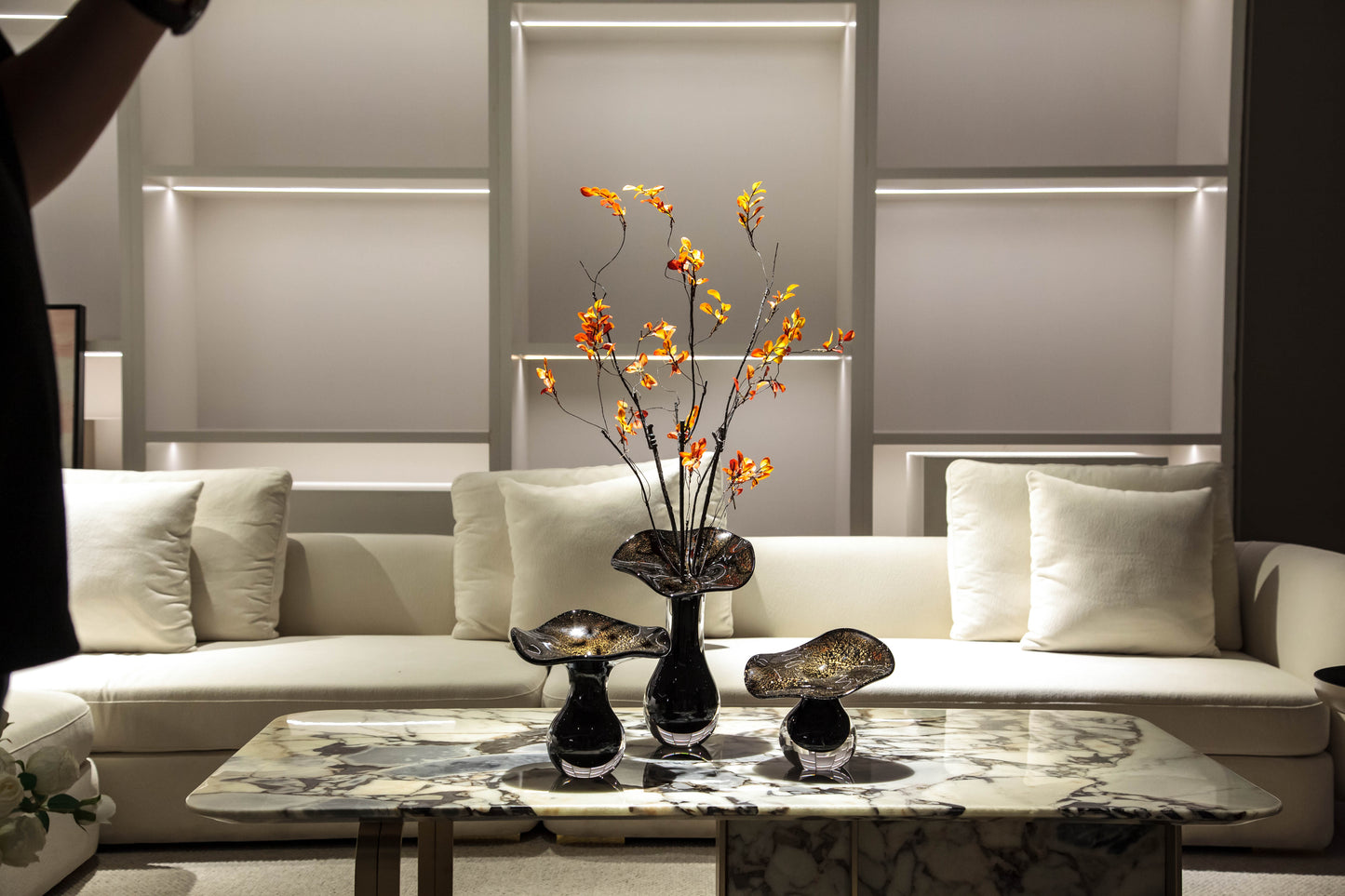 Black with Gold Accents Flower Desktop Glass Sculpture