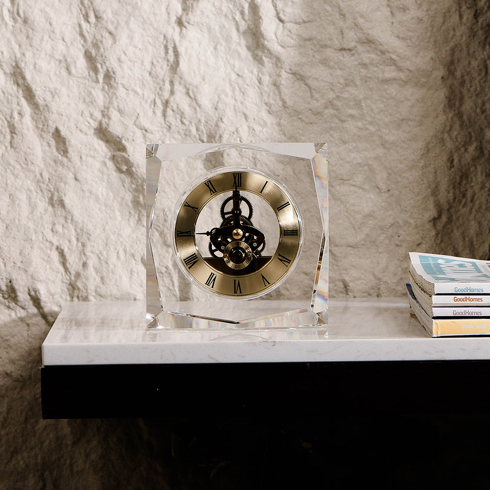 Clear Crystal & Metal Square Desktop Clock
