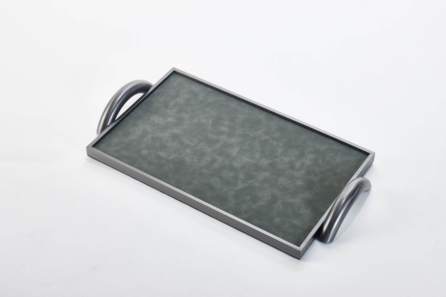 Light Grey & Brushed Gun Metal Pu Leather & S/S Steel Decorative Leather Tray