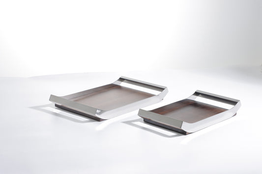 Silver & Walnut S/S Steel & Mdf Cambered Tray