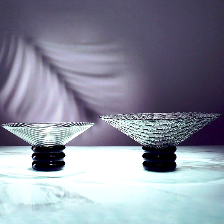 LOW BOWL GREY GLASS WITH PEDESTAL