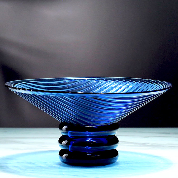 LOW BOWL BLUE GLASS WITH PEDESTAL