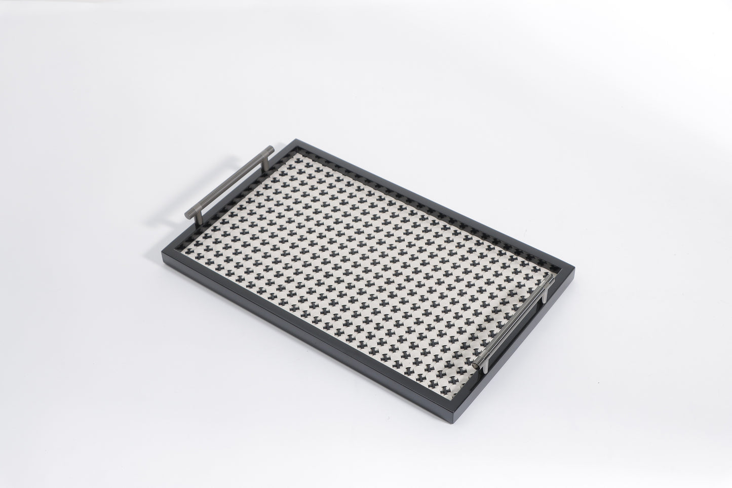 Milk White & Black & Gun Metal Faux Suede & Mdf & Alloy Hand-Weaving Tray