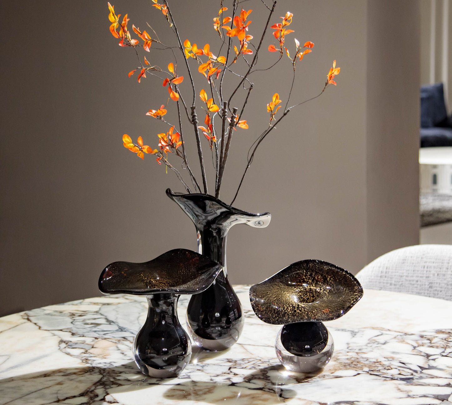 Black with Gold Accents Flower Desktop Glass Sculpture