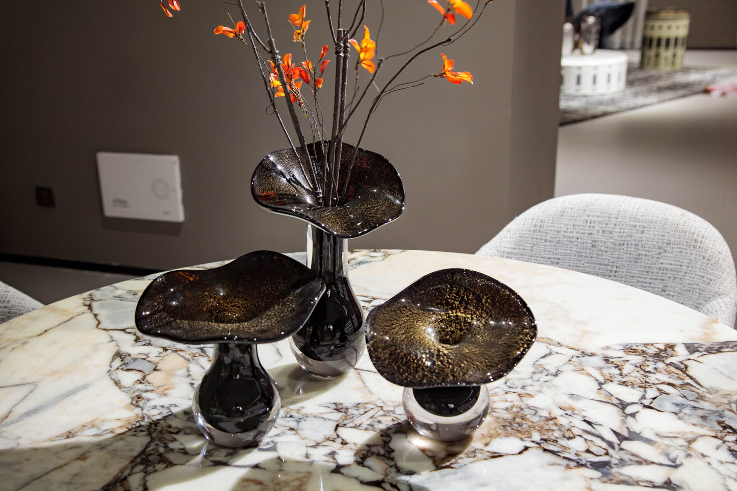 Black with Gold Accents Flower Desktop Glass Sculpture