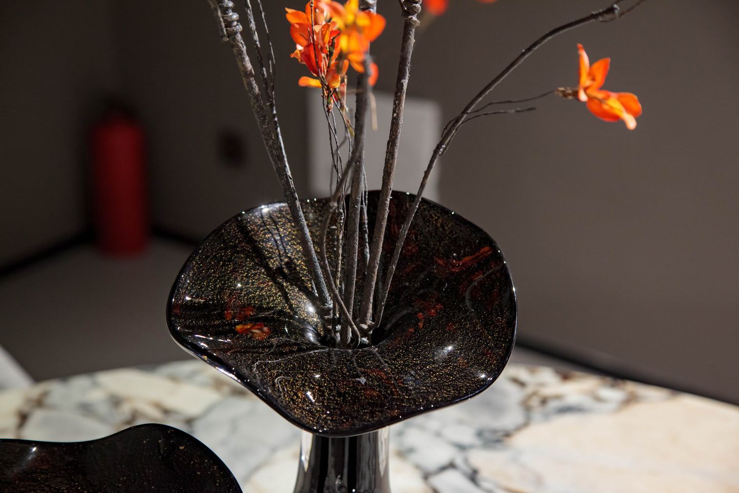 Black with Gold Accents Flower Desktop Glass Sculpture