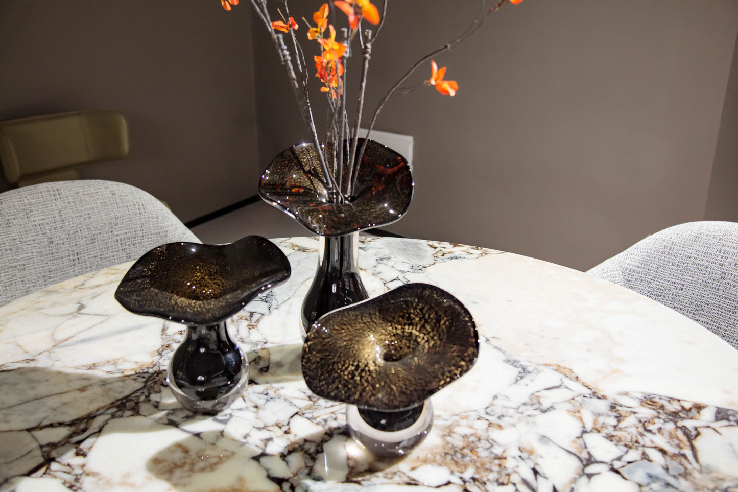 Black with Gold Accents Flower Desktop Glass Sculpture