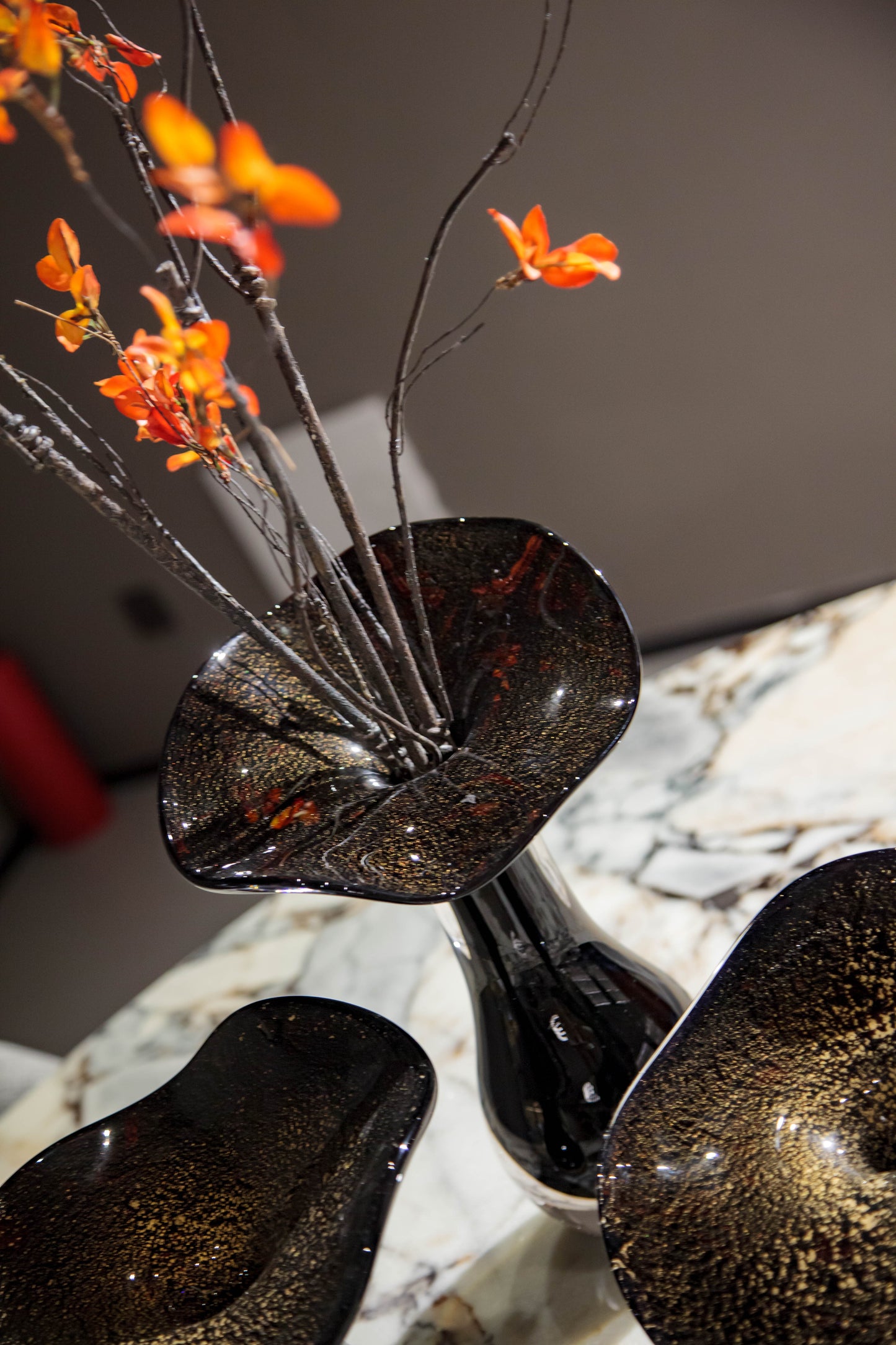 Black with Gold Accents Flower Desktop Glass Sculpture