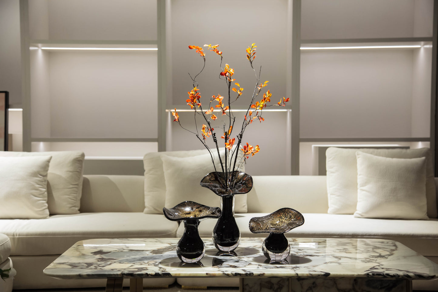 Black with Gold Accents Flower Desktop Glass Sculpture