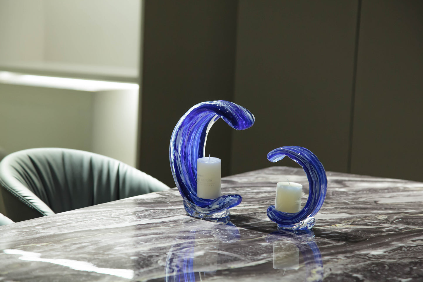 Blue Glass Candle Holder Sculpture
