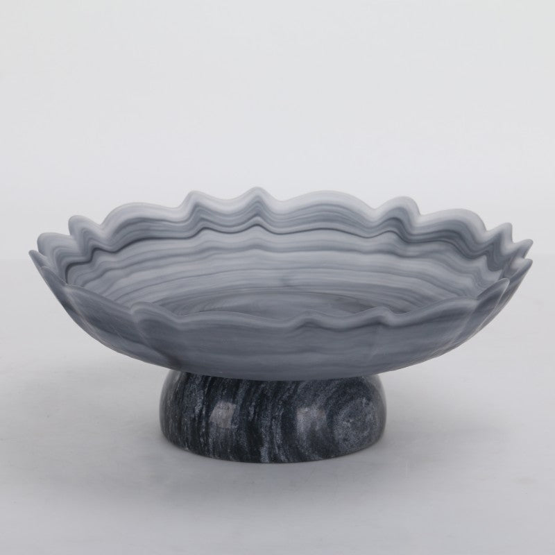 Grey Round Waved Marble & Glass Tray