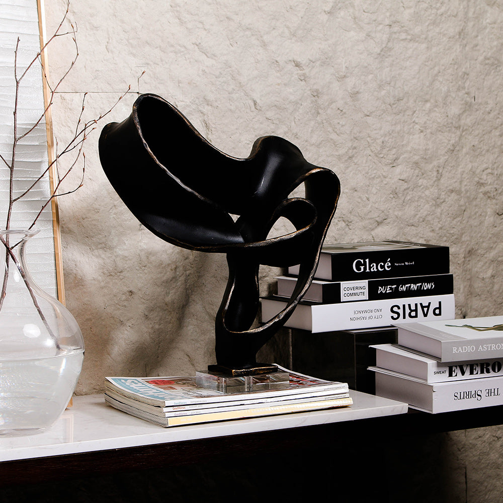 Dark Bronze Twisted Form Abstract Marble & Crystal Sculpture