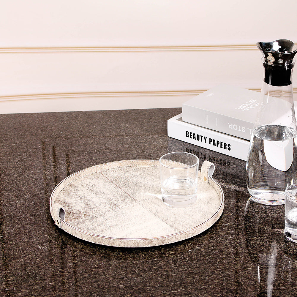 Grey Horse Hair & S/S Steel Round Tray With Handle