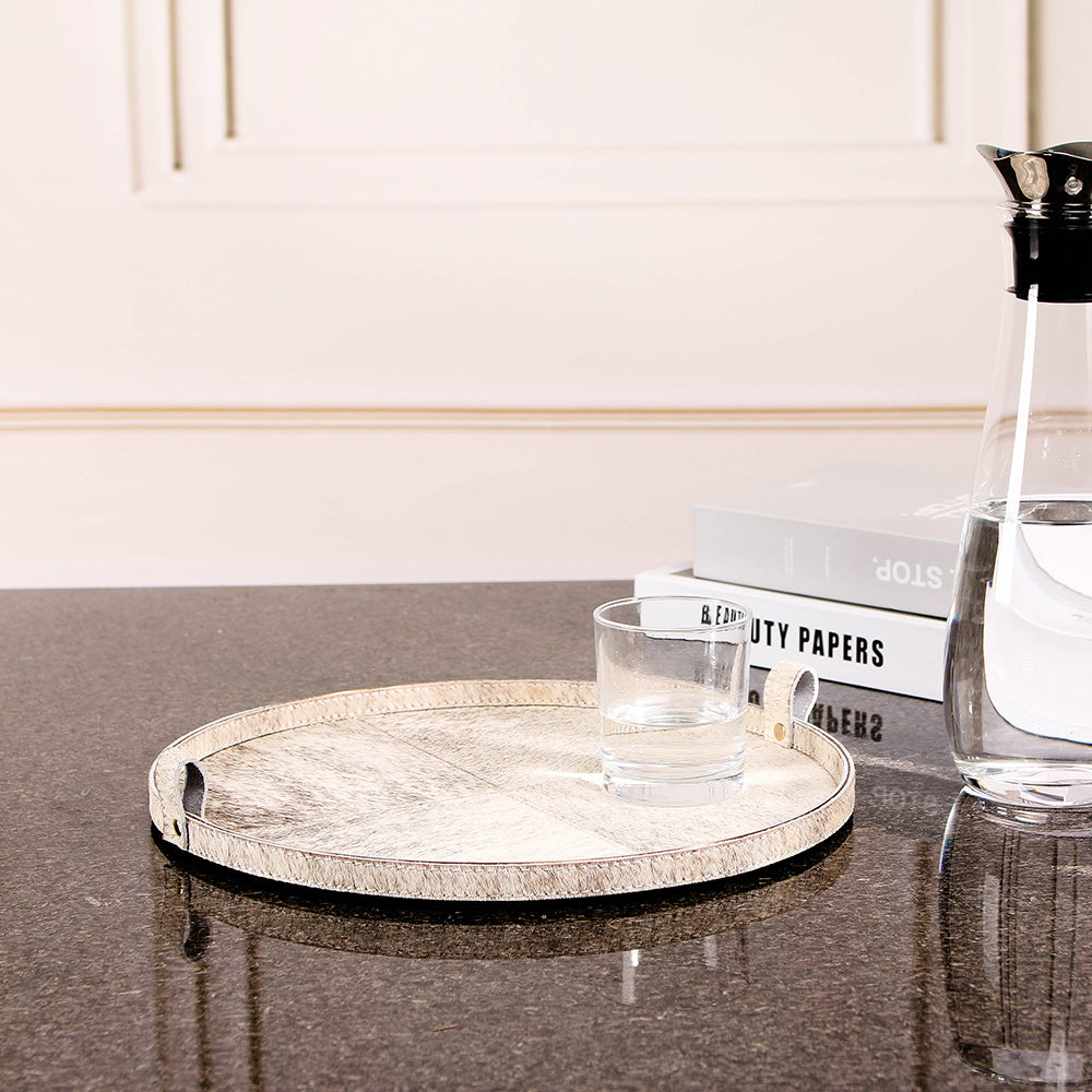 Grey Horse Hair & S/S Steel Round Tray With Handle