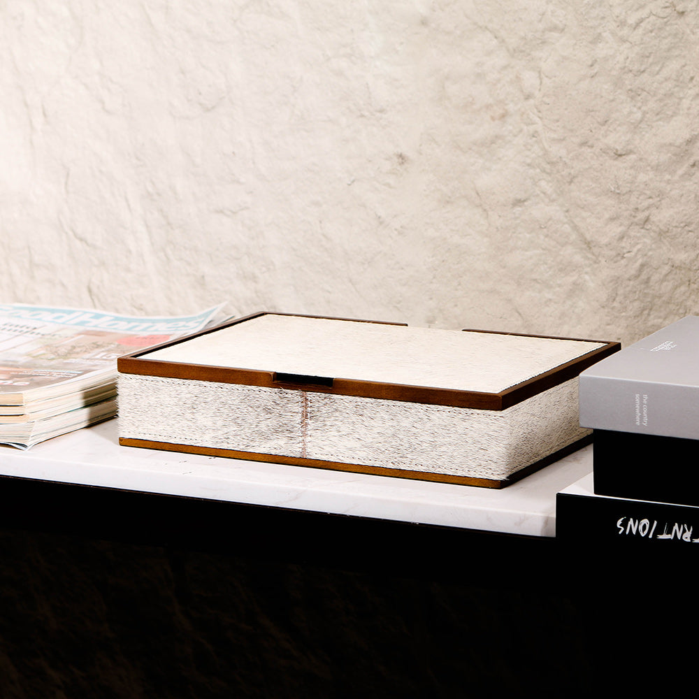 White Grey Horse Hair & Wood Storage Box