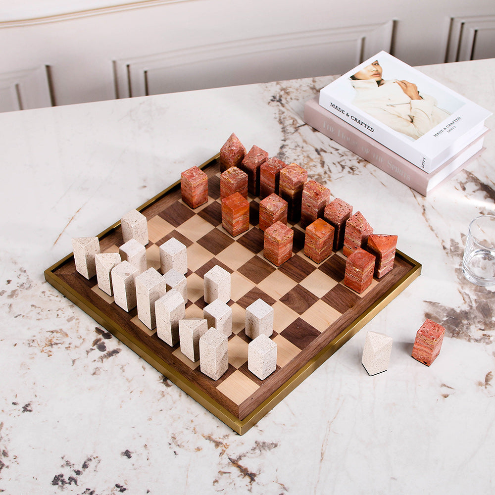Red & Beige S/s Steel & Wood & Marble Chessboard