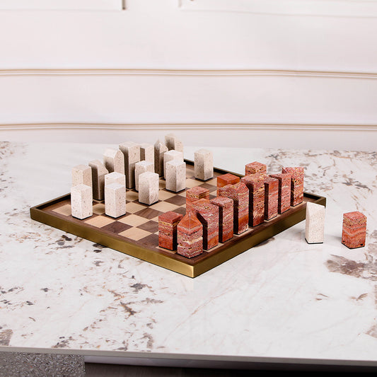Red & Beige S/s Steel & Wood & Marble Chessboard