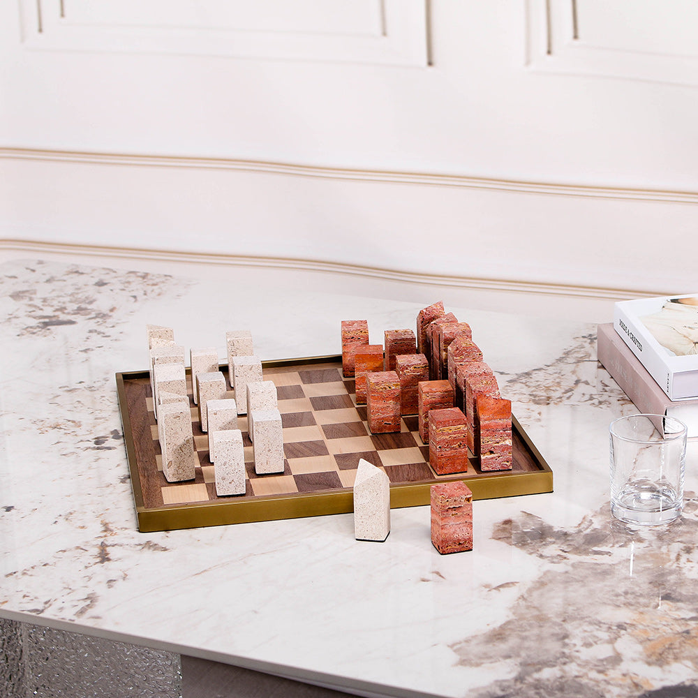Red & Beige S/s Steel & Wood & Marble Chessboard