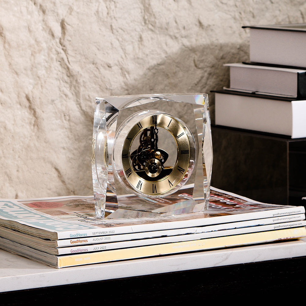 Clear Crystal & Metal Square Desktop Clock