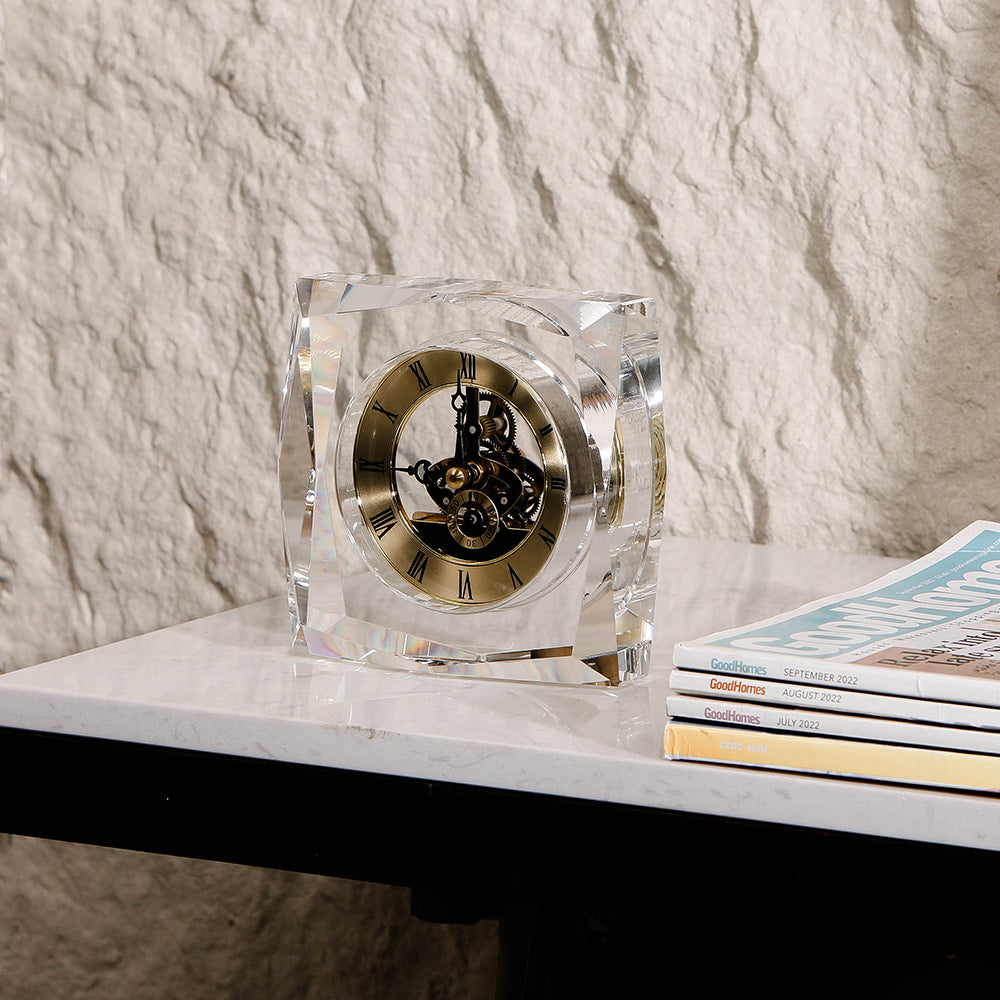 Clear Crystal & Metal Square Desktop Clock