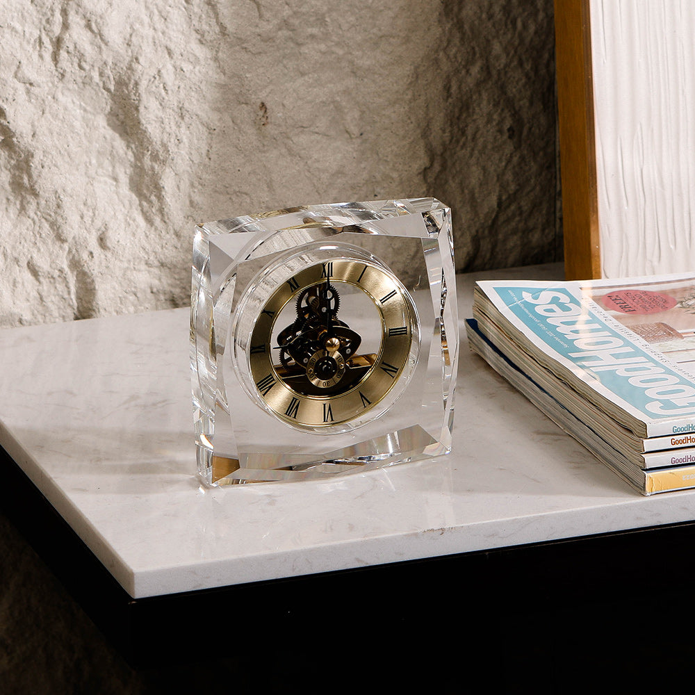 Clear Crystal & Metal Square Desktop Clock