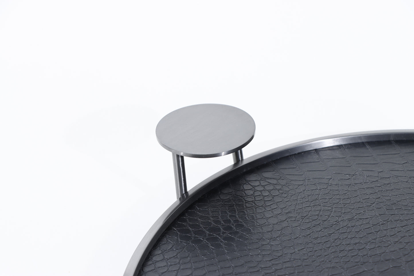 Black & Brushed Gun Metal Pu Leather & S/S Steel Round Decorative Tray