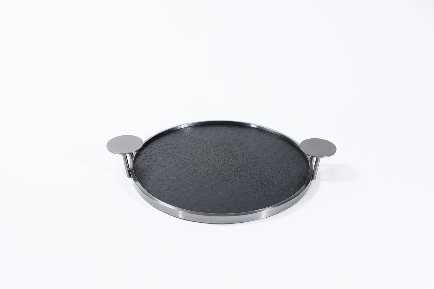 Black & Brushed Gun Metal Pu Leather & S/S Steel Round Decorative Tray