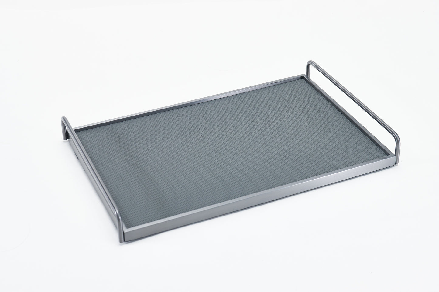 Light Grey & Brushed Gun Metal Pu Leather & S/S Steel Rectangular Decorative Tray