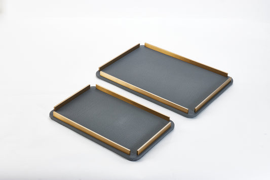 Dark Grey & Brushed Gold Pu Leather & S/S Steel Rectangular Decorative Tray
