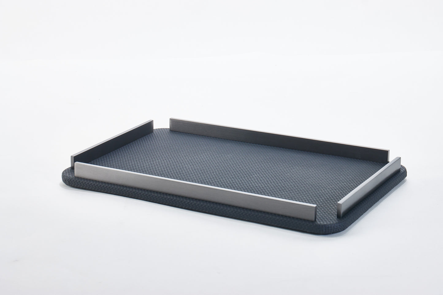 Black & Brushed Gun Metal Pu Leather & S/S Steel Rectangular Decorative Tray