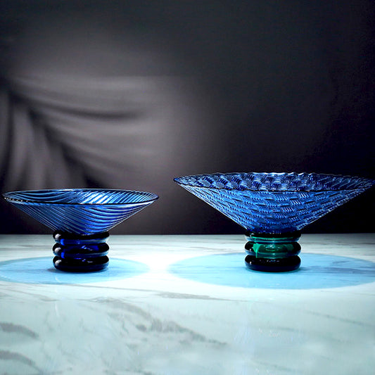 LOW BOWL BLUE GLASS WITH PEDESTAL